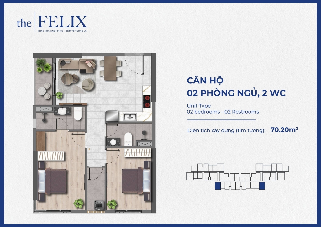 Mặt bằng căn hộ 2 phòng ngủ căn góc