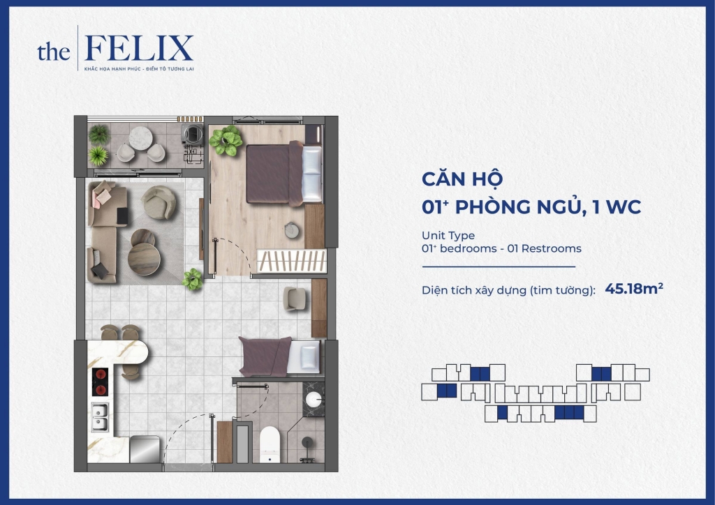 Mặt bằng căn hộ 1 phòng ngủ