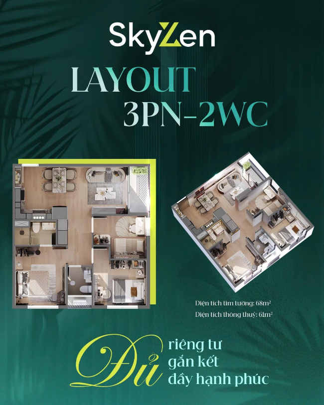 Layout căn hộ 3 PHÒNG NGỦ -  2 WC